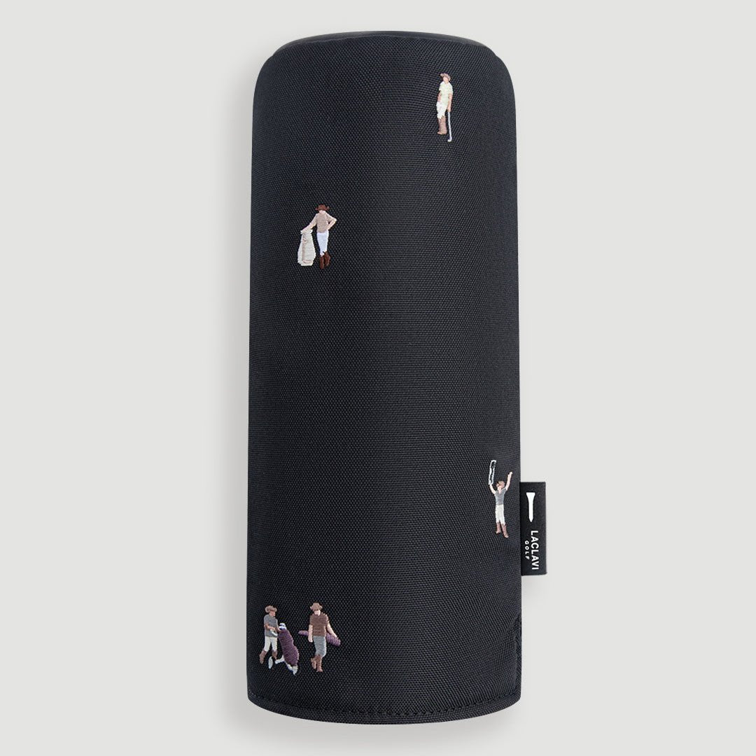 Black driver cover front view with ten embroidered cowboy golfer scenes and Laclavi Golf leather tag - Laclavi Golf