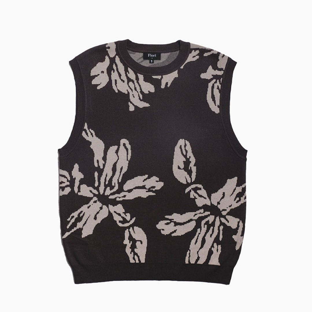 Front view of Men's Oversized Floral Knit Vest - Black - Erthe Golf