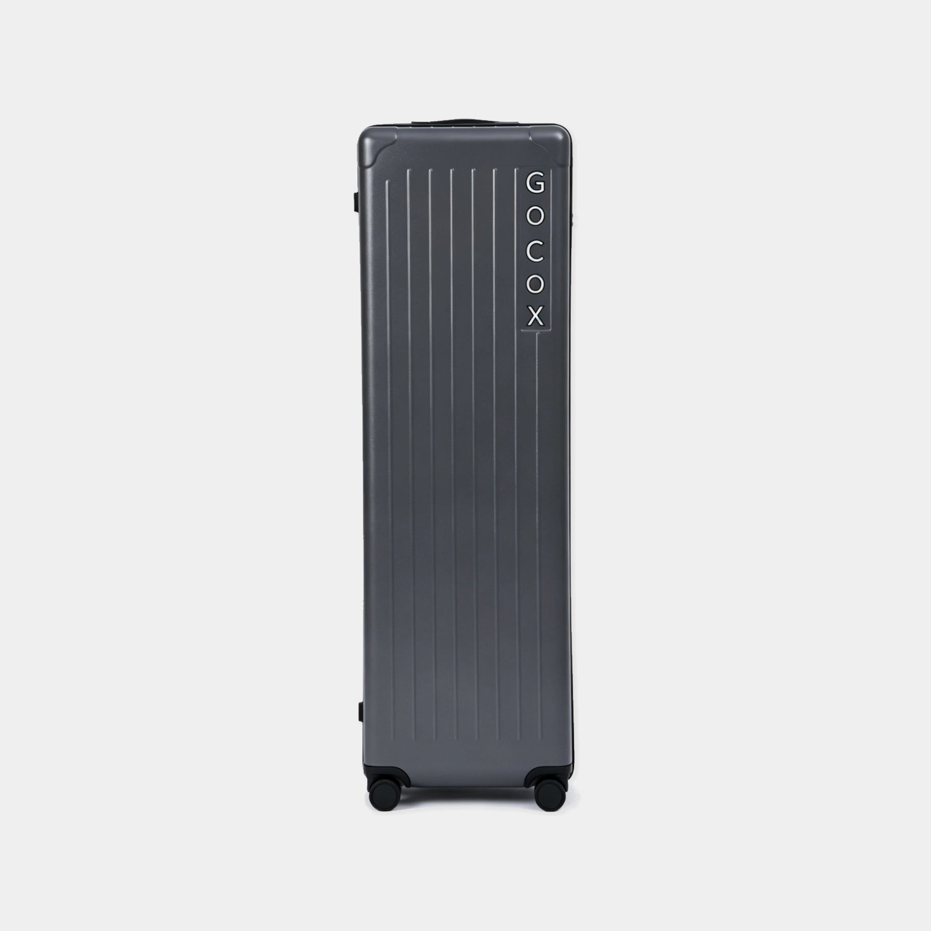 Gray suitcase with 'GOCOX' branding on a light gray background