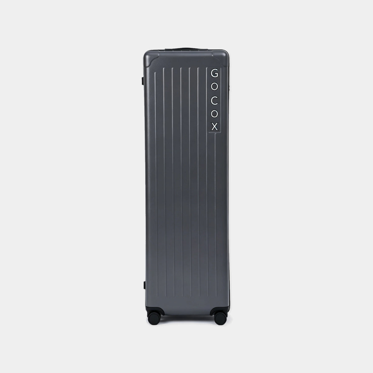 Gray suitcase with 'GOCOX' branding on a light gray background