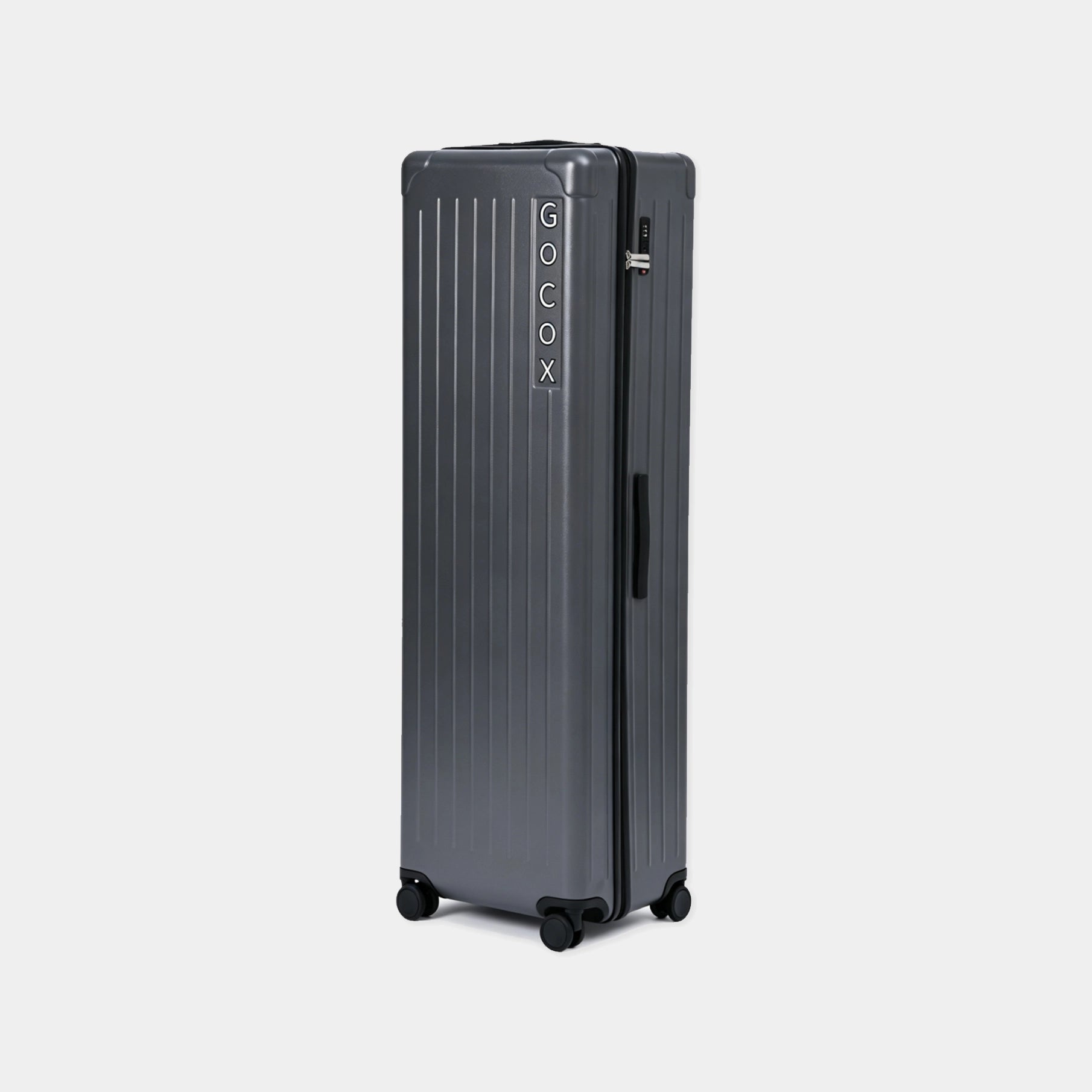 Gray suitcase with 'GOCOX' branding on a light gray background