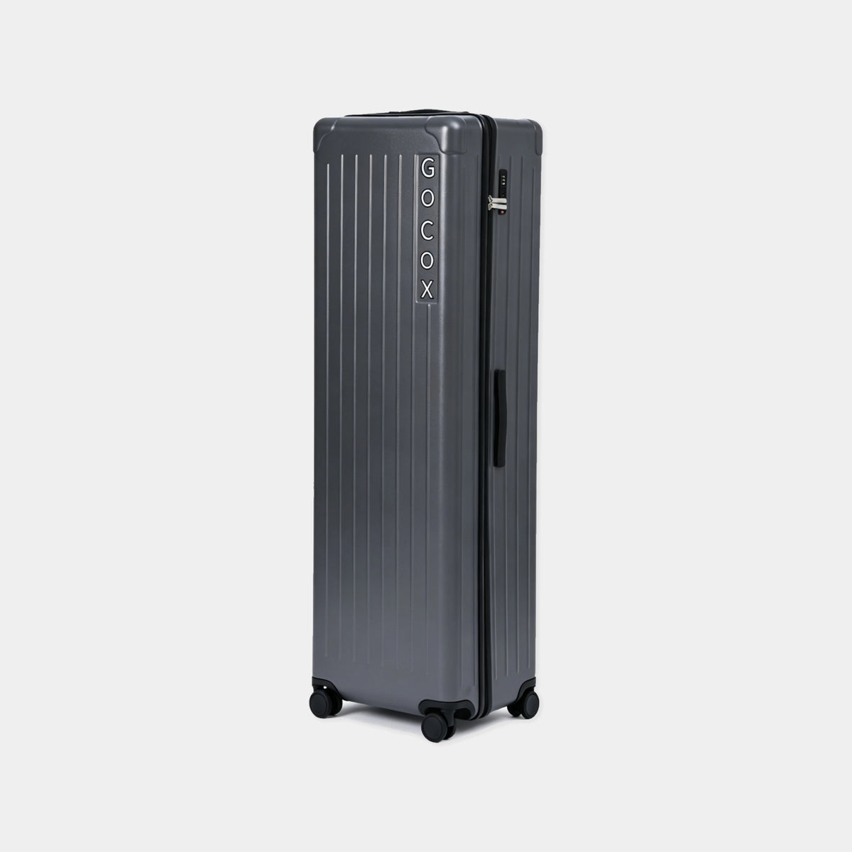 Gray suitcase with 'GOCOX' branding on a light gray background