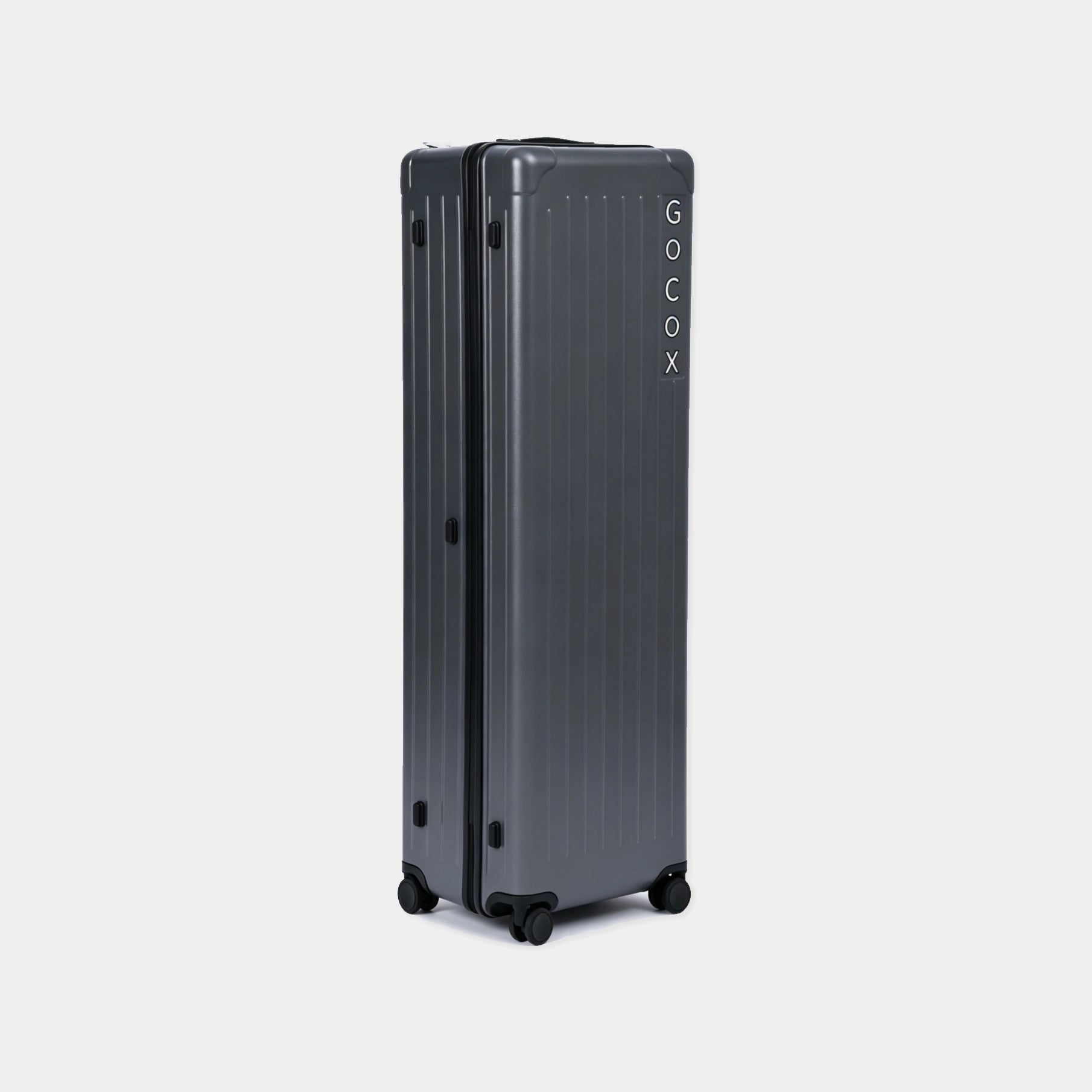 Gray suitcase with 'GOCOX' branding on a light gray background