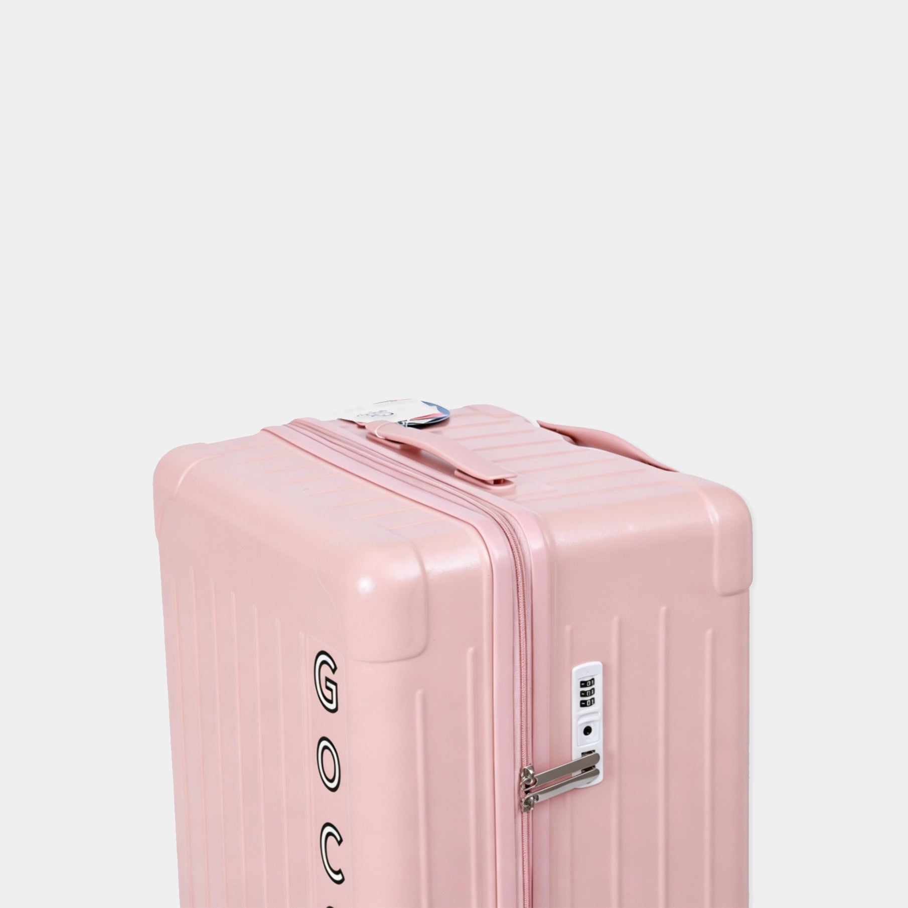 Pink travel case with visible brand logo on a light gray background