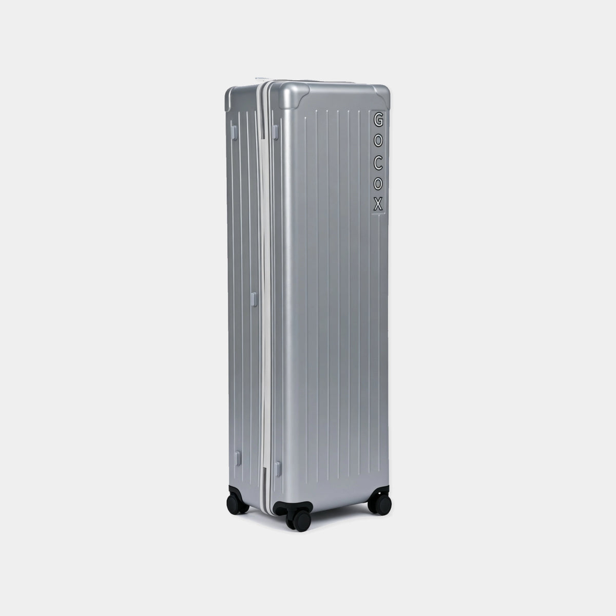 Silver travel case with brand logo on a light gray background