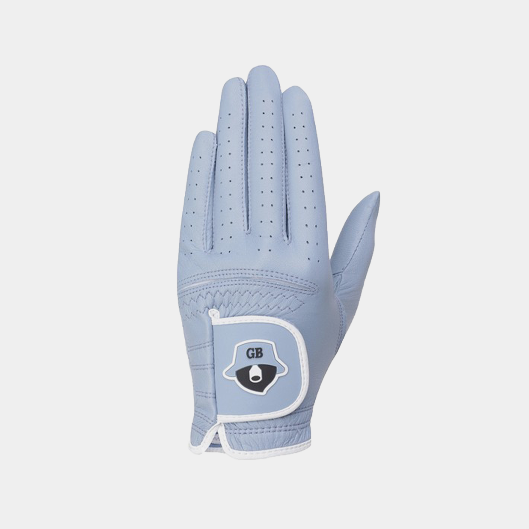Light blue golf glove with perforated fingers and GB bear logo patch on wrist