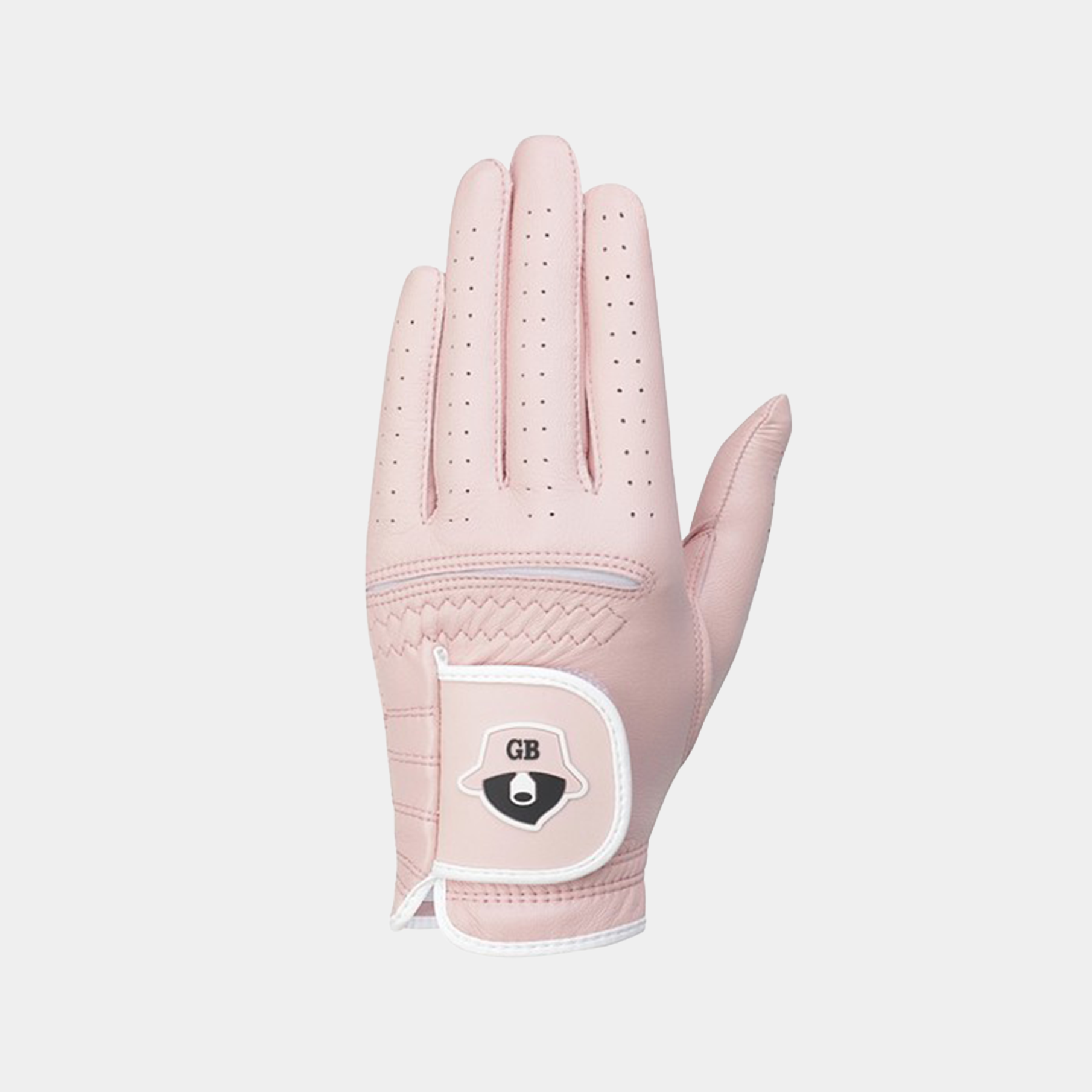Pink golf glove with a brand logo on a light gray background
