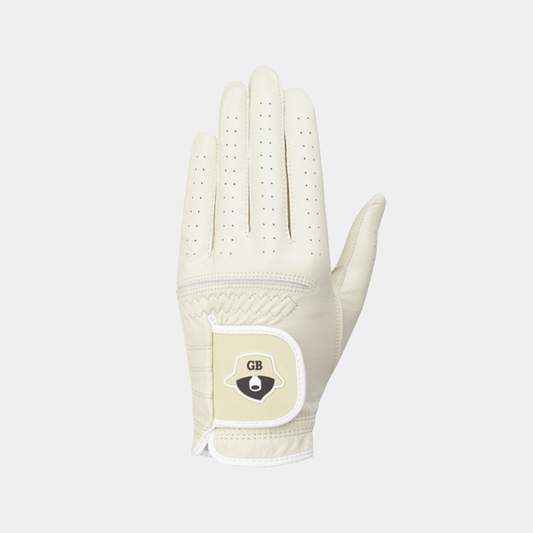 White golf glove with a brand logo on a white background