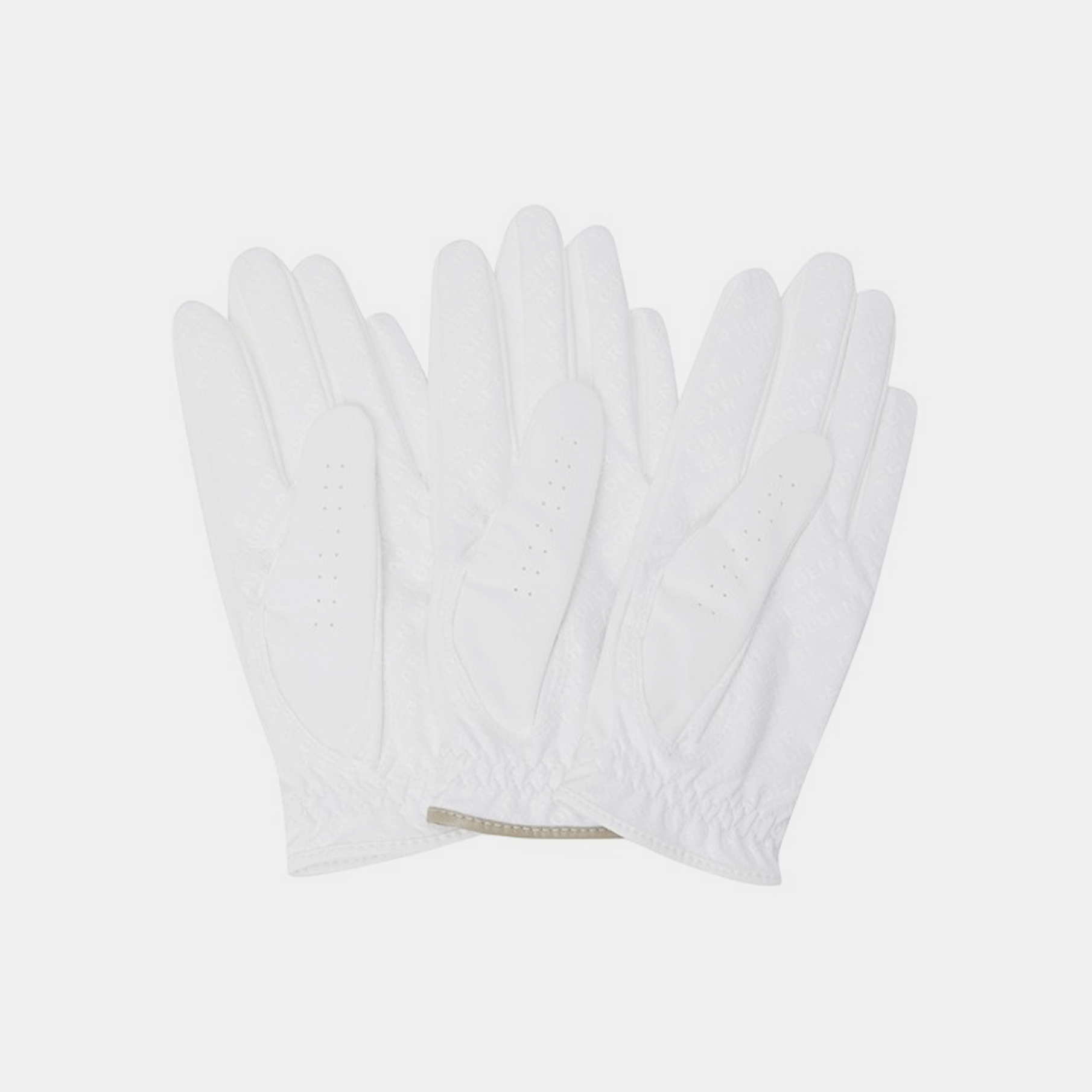 Back view of white golf gloves with perforated palm and elastic wrist closure