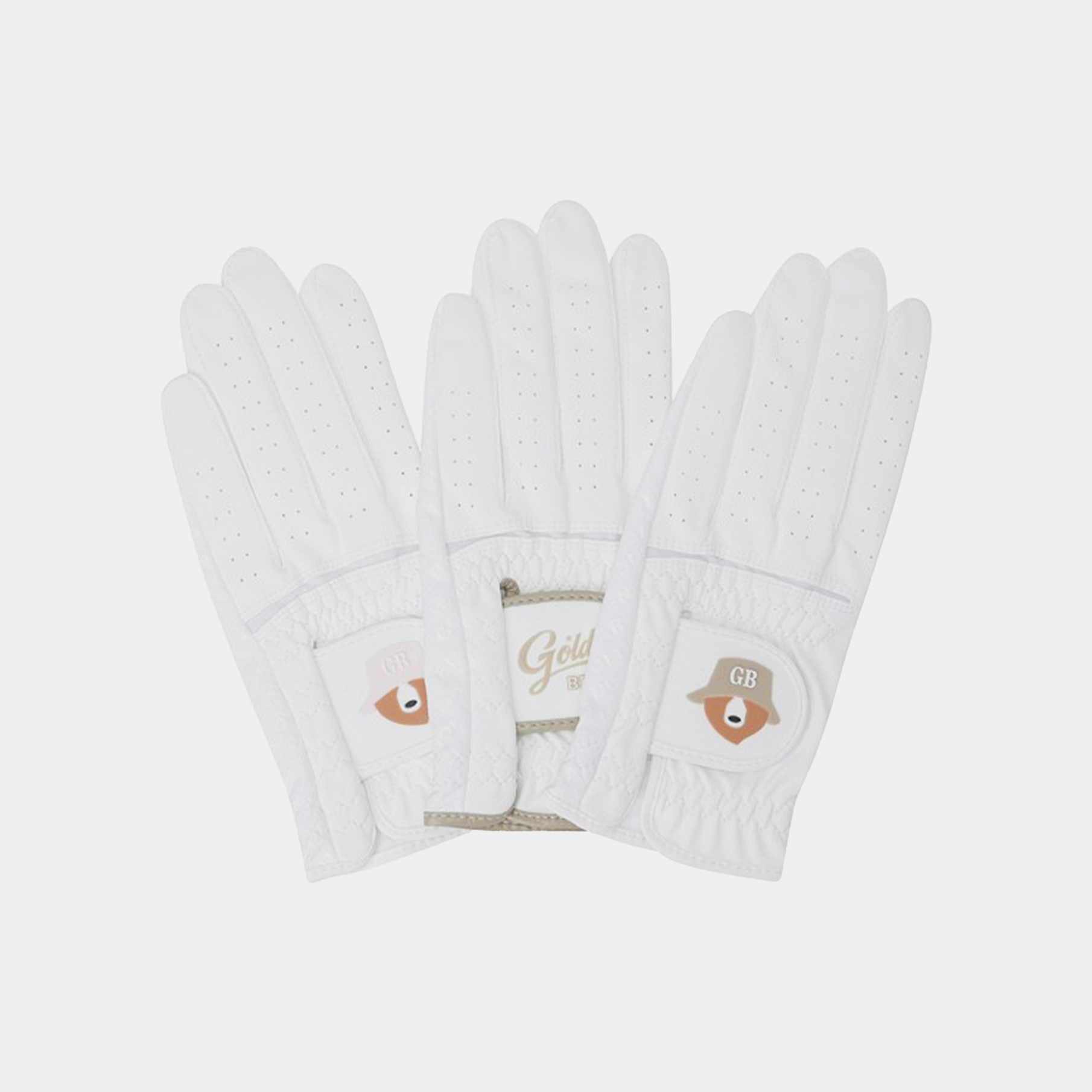 White golf gloves with perforated design and Golden Bear logo patch