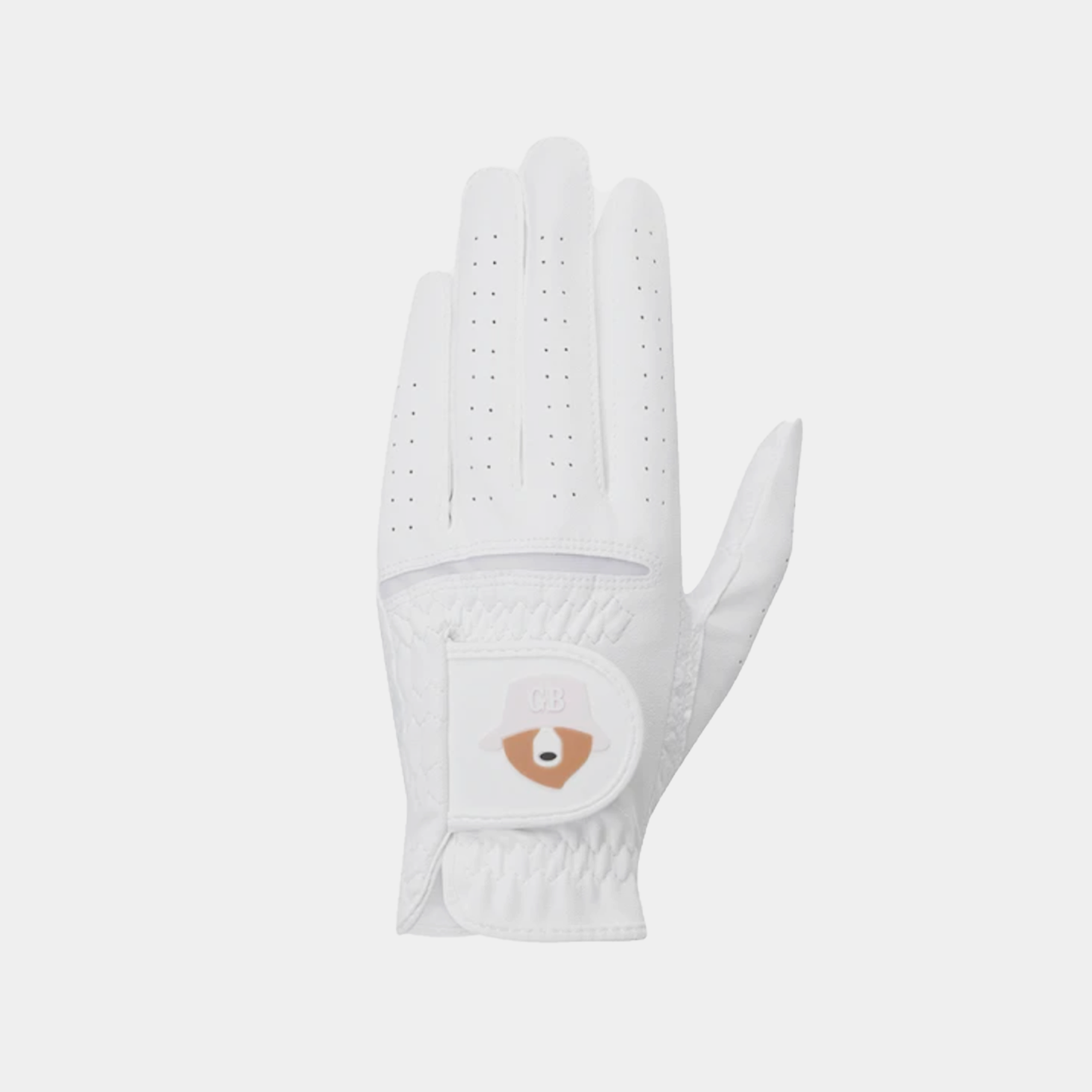 White golf glove with perforated fingers and Golden Bear logo patch on wrist