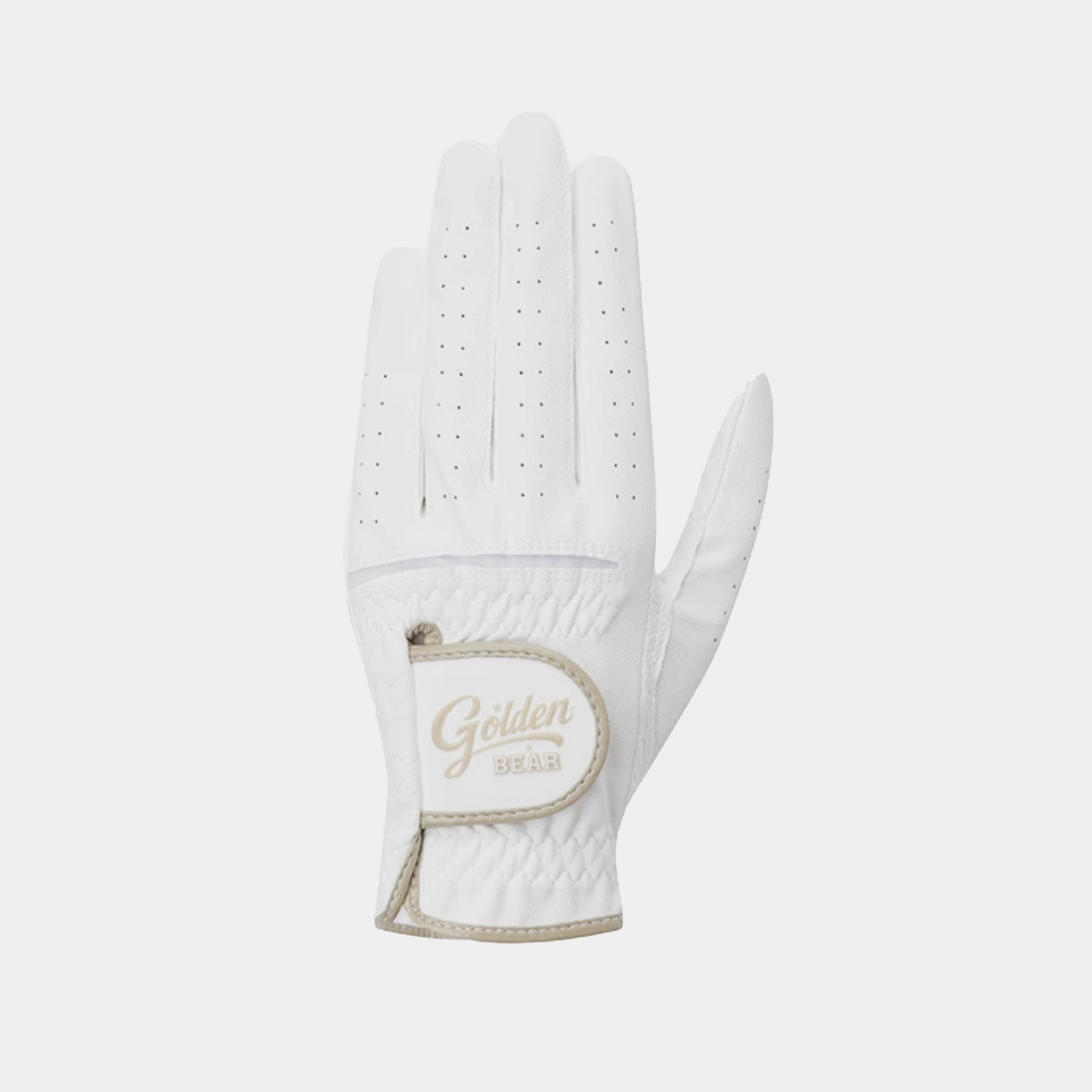 White golf glove with 'Golden Bear' logo on a light gray background