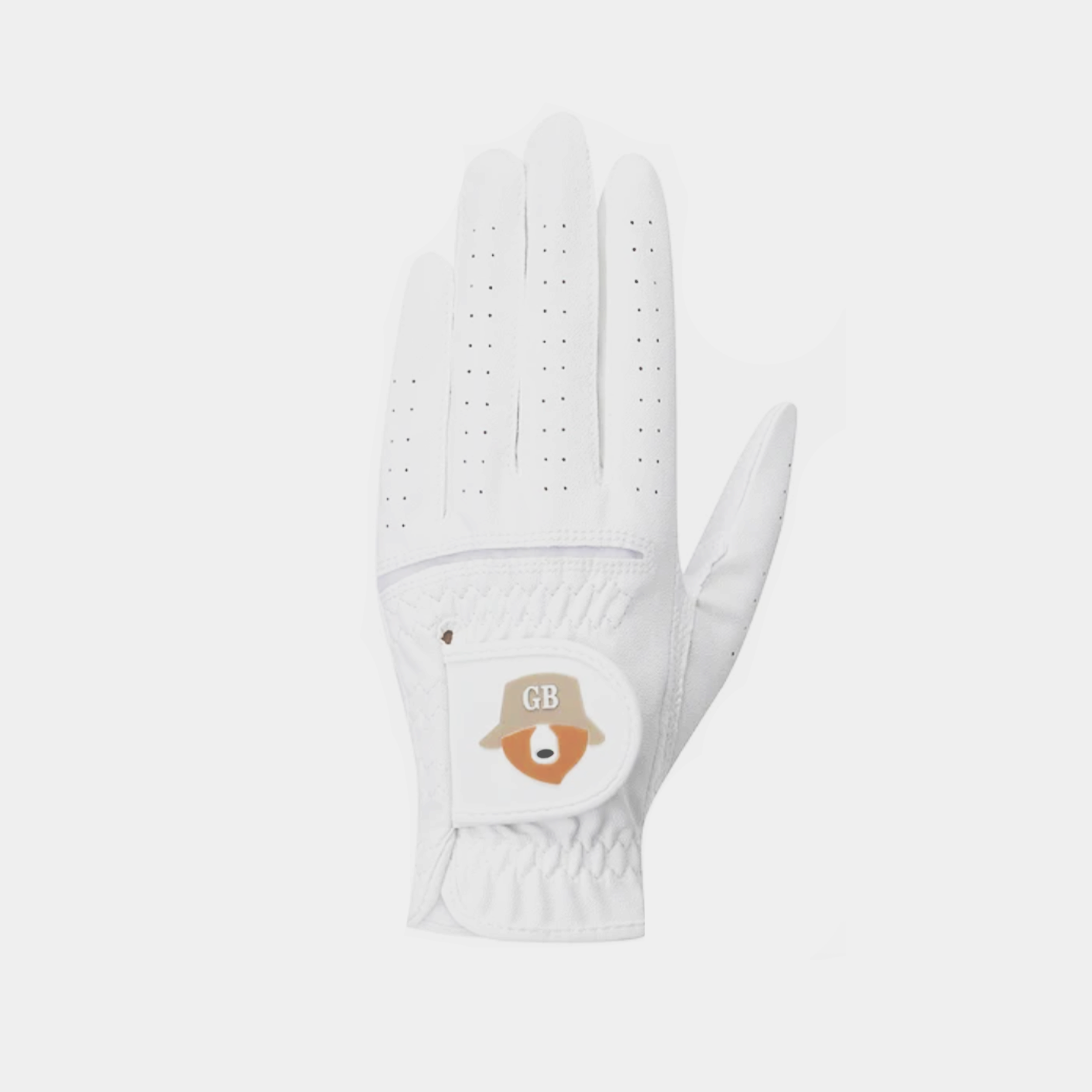 White golf glove with perforated fingers and GB bear logo patch on wrist closure