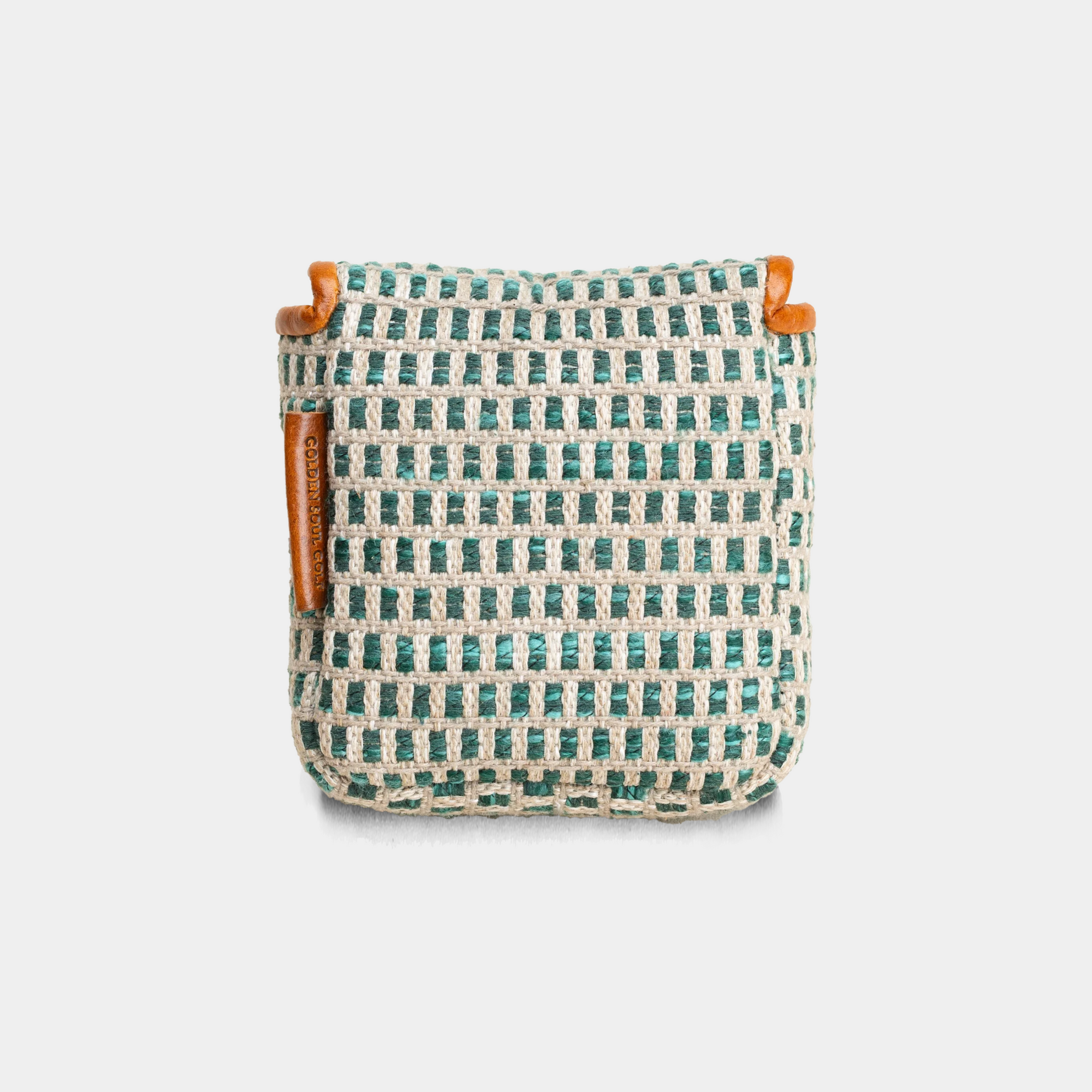 Emerald mallet putter cover with green and beige pattern on a white background