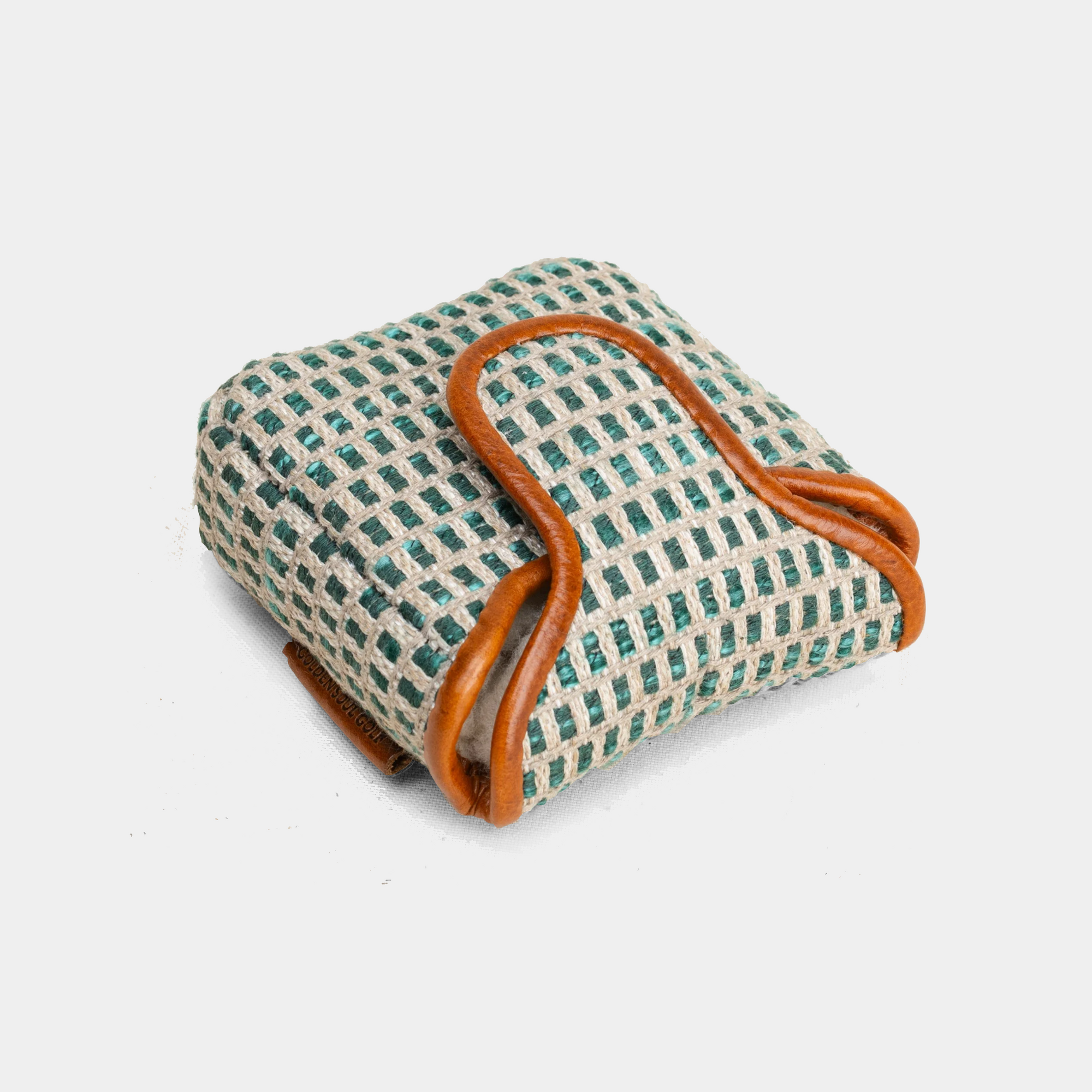 Emerald mallet putter cover with a checkered pattern and brown leather strap on a white background