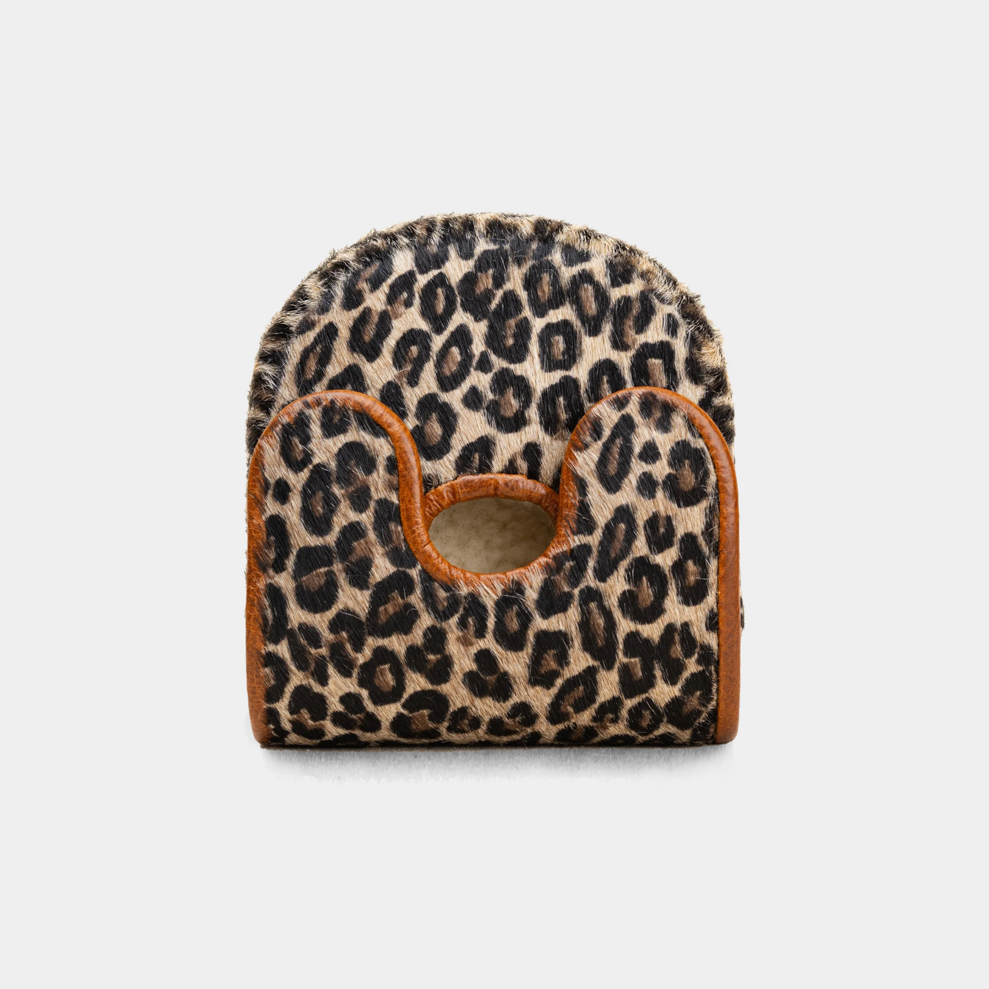Leopard print d3 putter cover with brown trim on a white background
