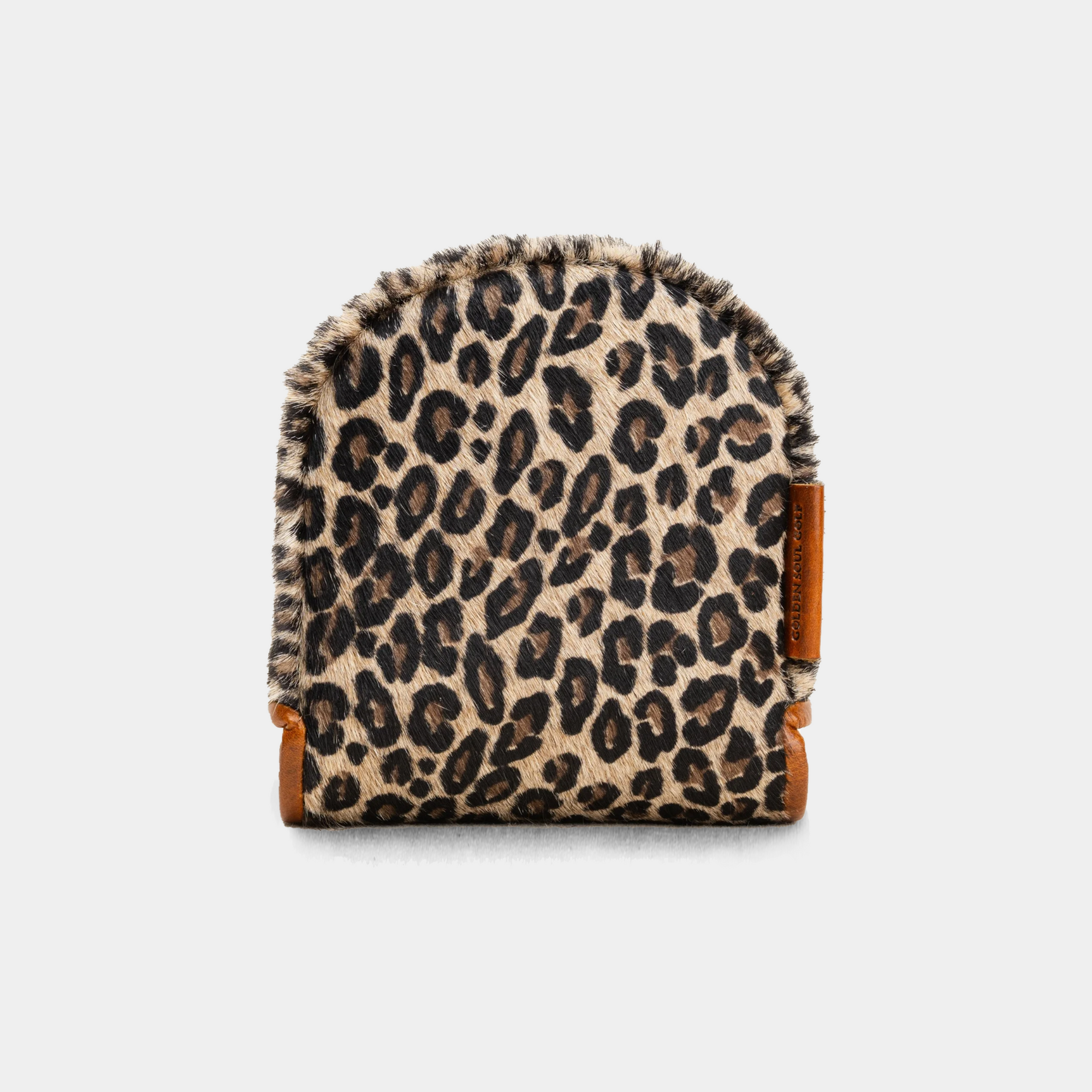 Leopard print d3 putter cover with brown trim on a white background - back view