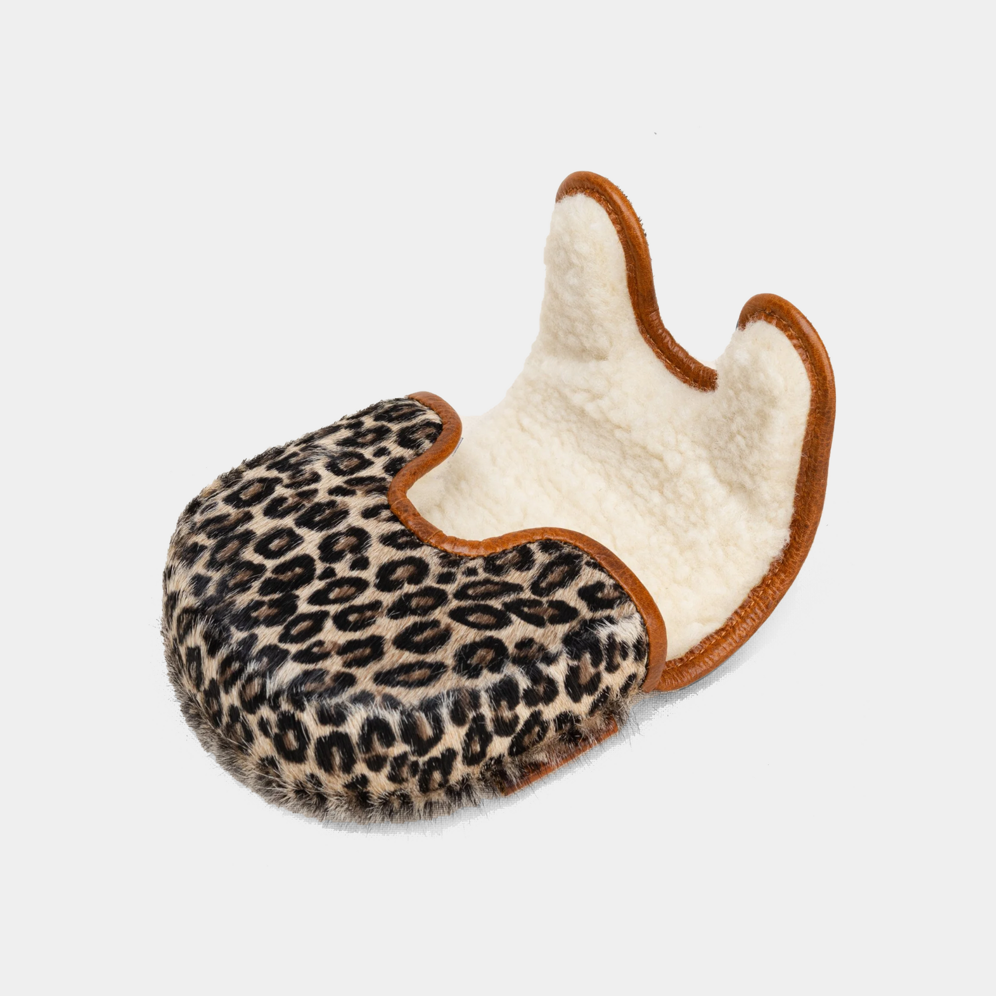 Leopard print d3 putter cover with white and soft interior on a light gray background
