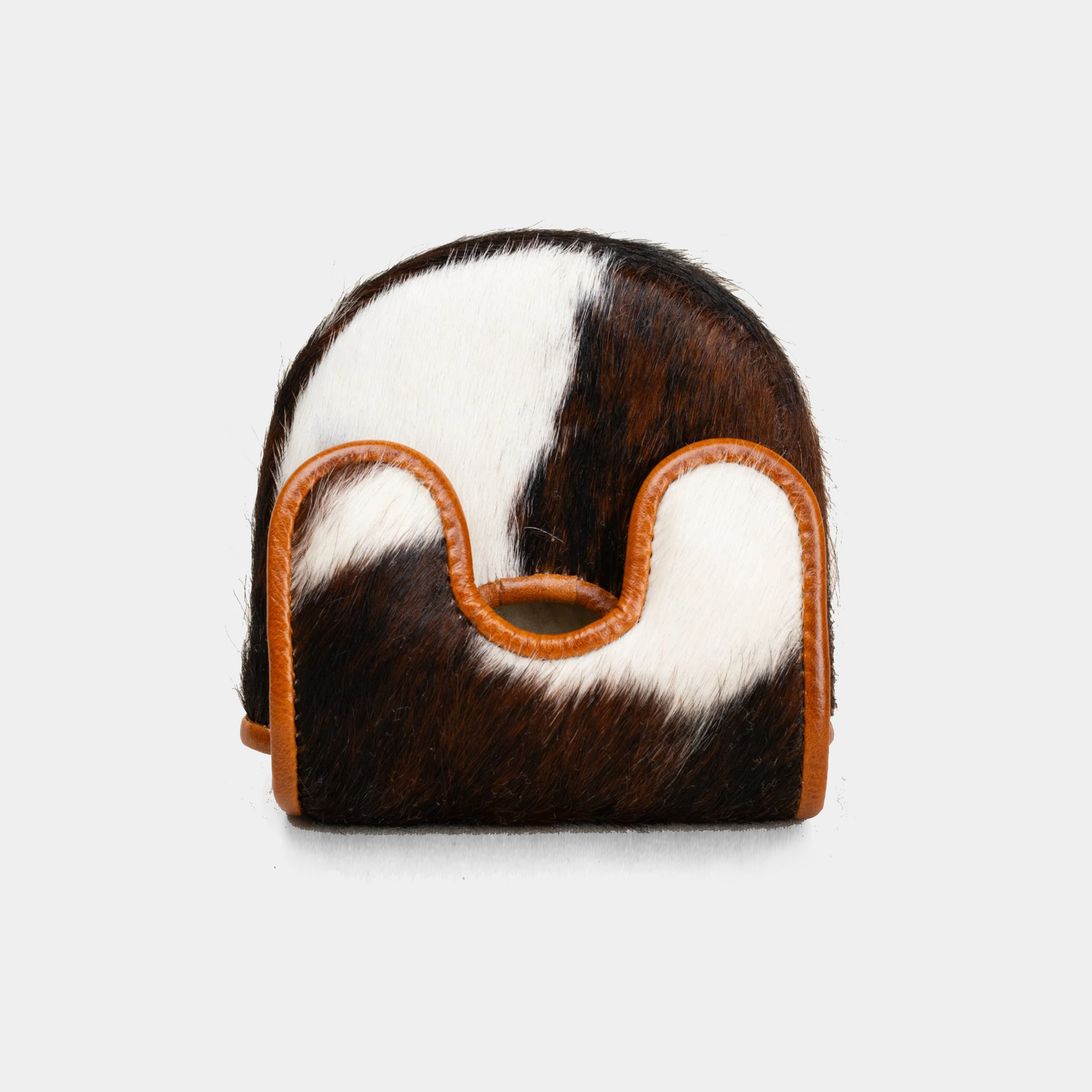 Brown and white handcrafted leather mallet putter cover with cowhide pattern and contrast trim