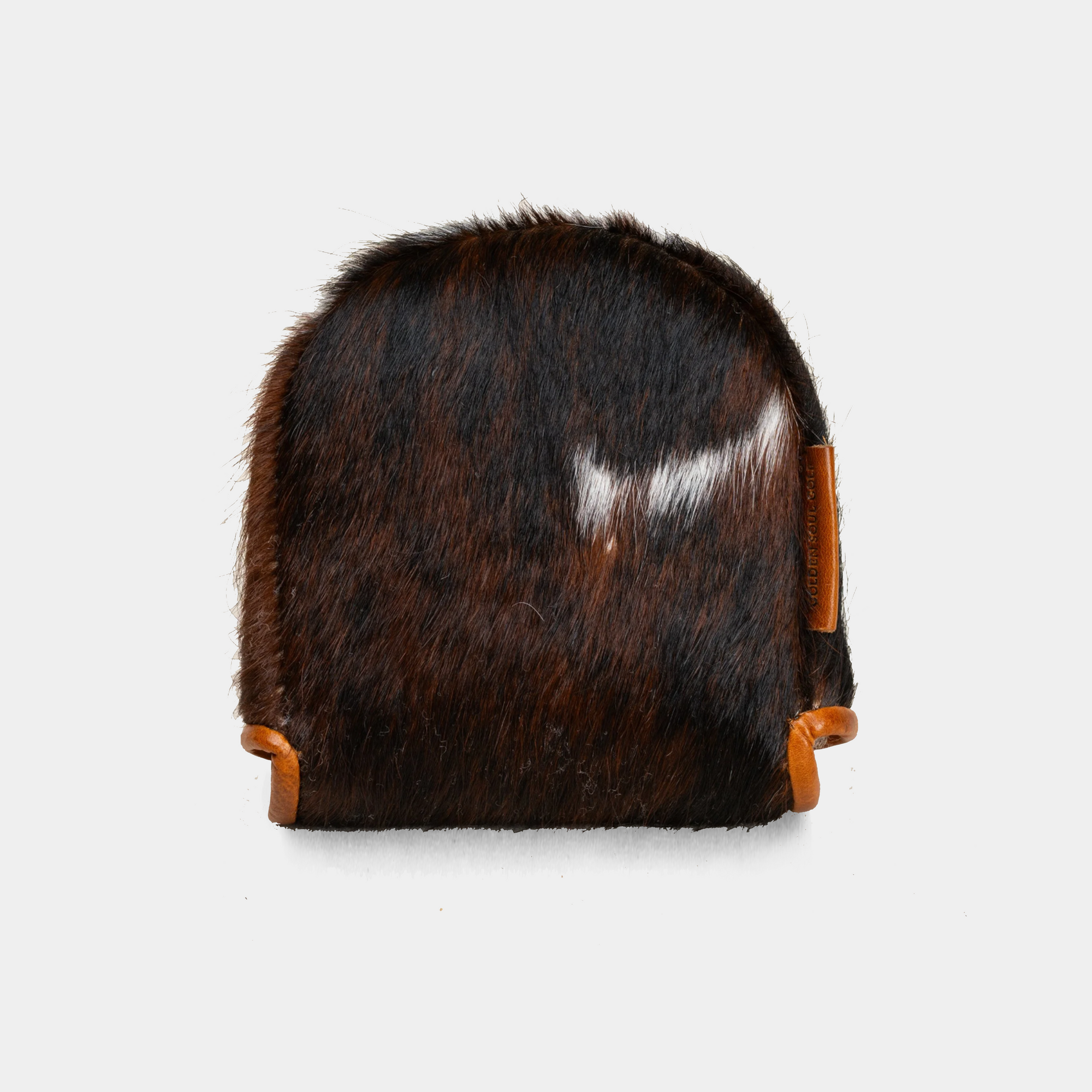 Brown and white handcrafted leather mallet putter cover with cowhide pattern and contrast trim  - back view