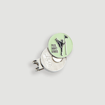 Green enamel ball marker with Flex Don't Stress golfer design on silver Laclavi hat clip - Laclavi Golf
