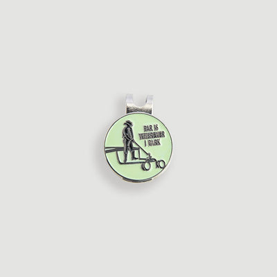 Green enamel golf ball marker reading Par Is Wherever I Park with golfer and cart on silver hat clip - Laclavi Golf