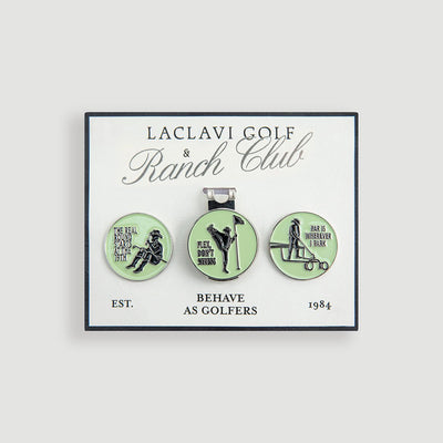 Green enamel golf ball marker set with silver hat clip on Laclavi Golf Ranch Club branded display card - Laclavi Golf