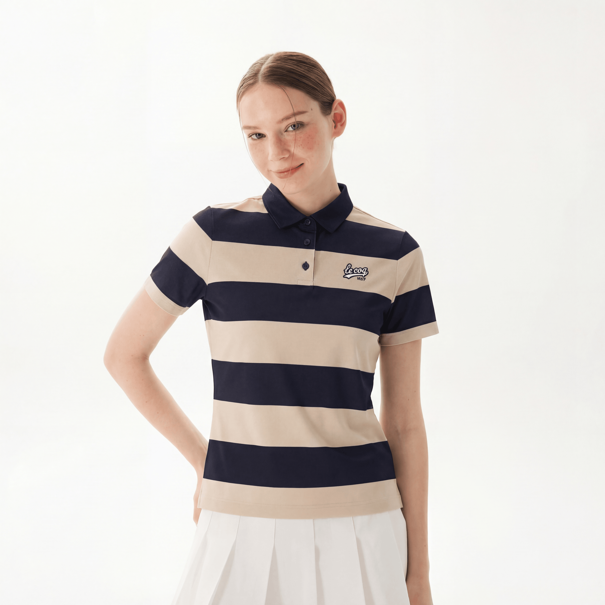 Women's Stripe Short Sleeve Polo Shirt - Beige - Erthe Golf