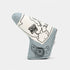A golf tees headcover made of heathered light blue fabric with black line-art illustrations of a map, a pocket watch, and topographic lines, shown on a light gray background.