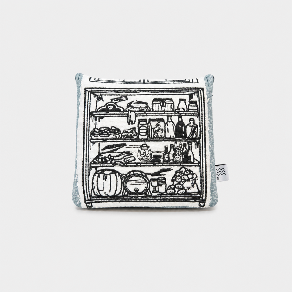 A square mallet putter cover with a black line-art illustration of an open refrigerator stocked with food, shown on a light gray background. The pouch has a light blue-gray border and a small fabric tag on the right side.