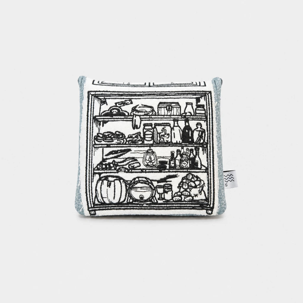 A square mallet putter cover with a black line-art illustration of an open refrigerator stocked with food, shown on a light gray background. The pouch has a light blue-gray border and a small fabric tag on the right side.