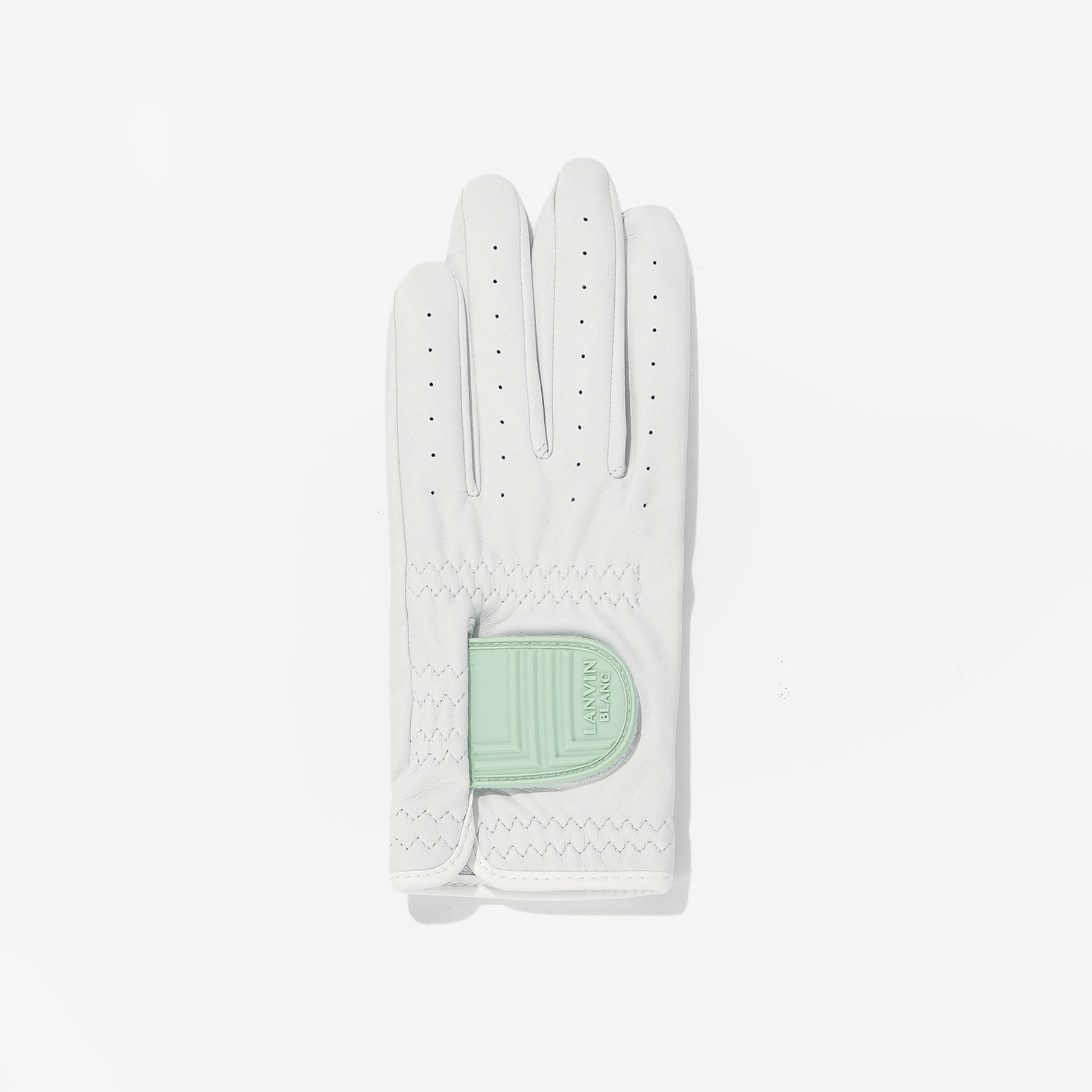 White golf glove with a green brand logo on a light gray background