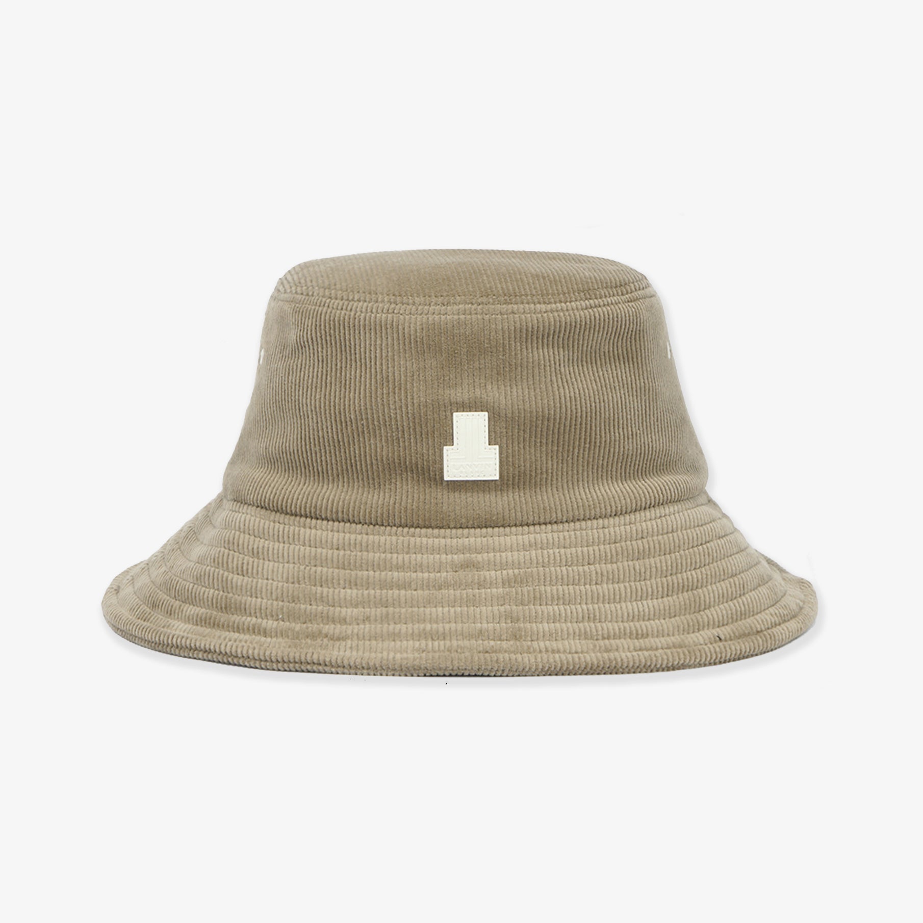 Beige bucket hat with a small logo on a white background