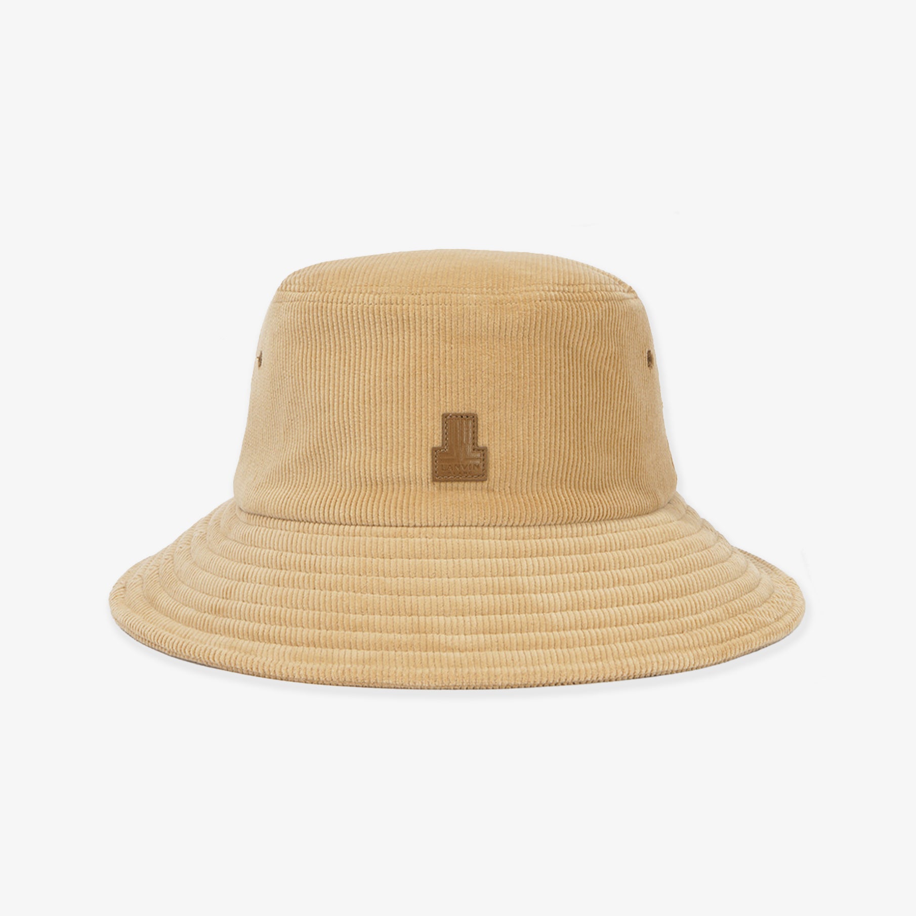 Beige bucket hat with a logo on a white background