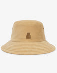Beige bucket hat with a logo on a white background