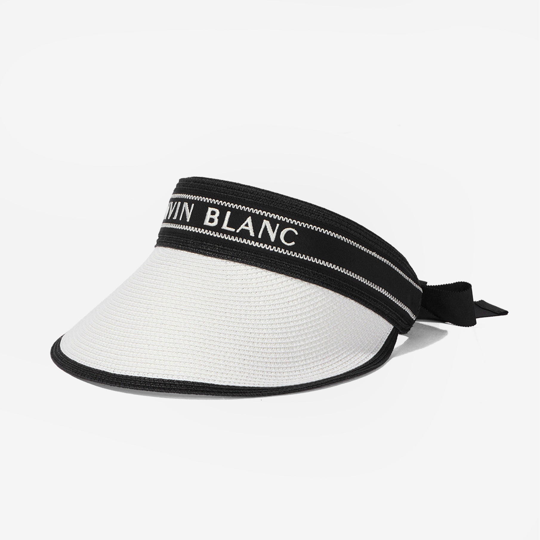 White visor with black band and 'Blanc' branding on a white background