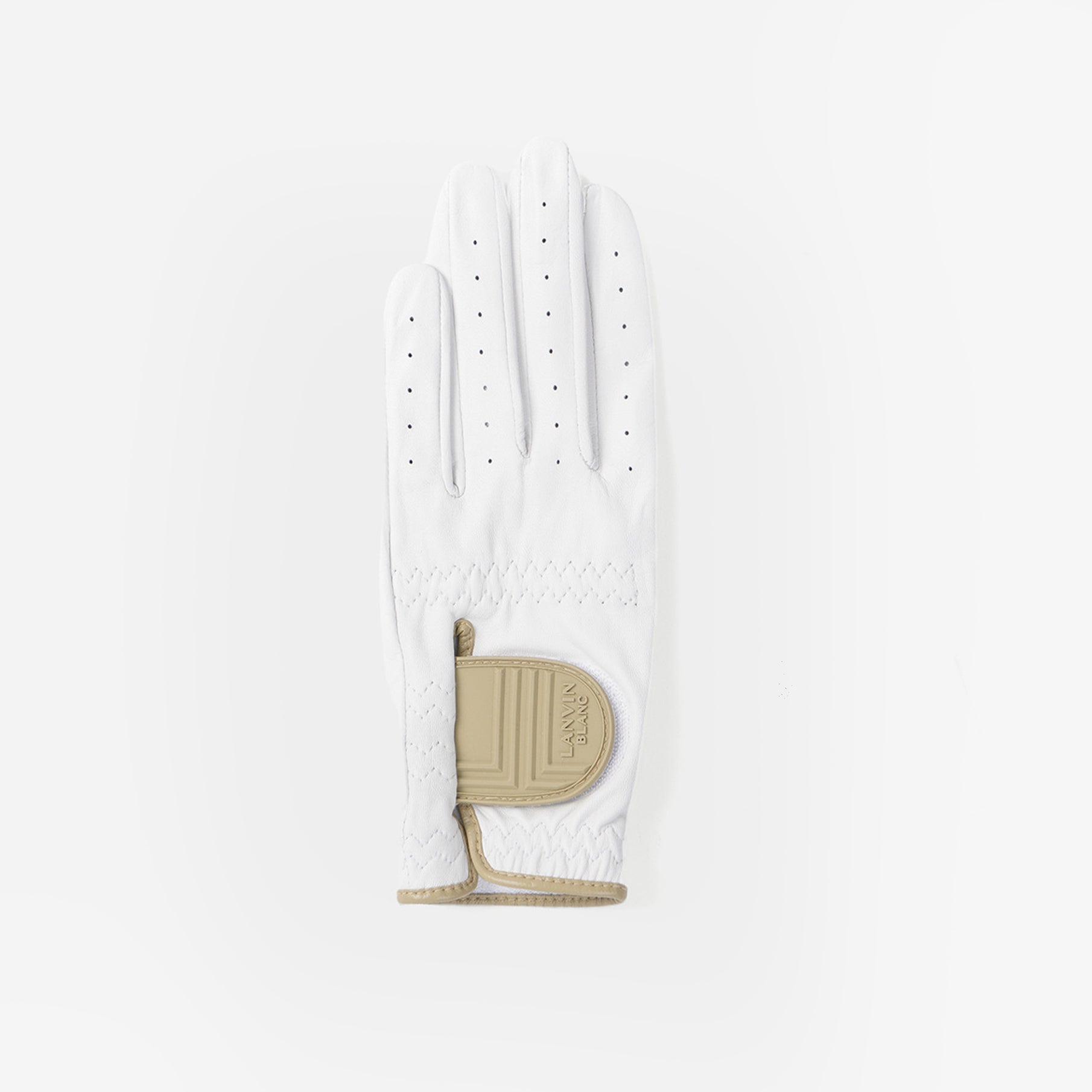 White golf glove with beige palm on a white background