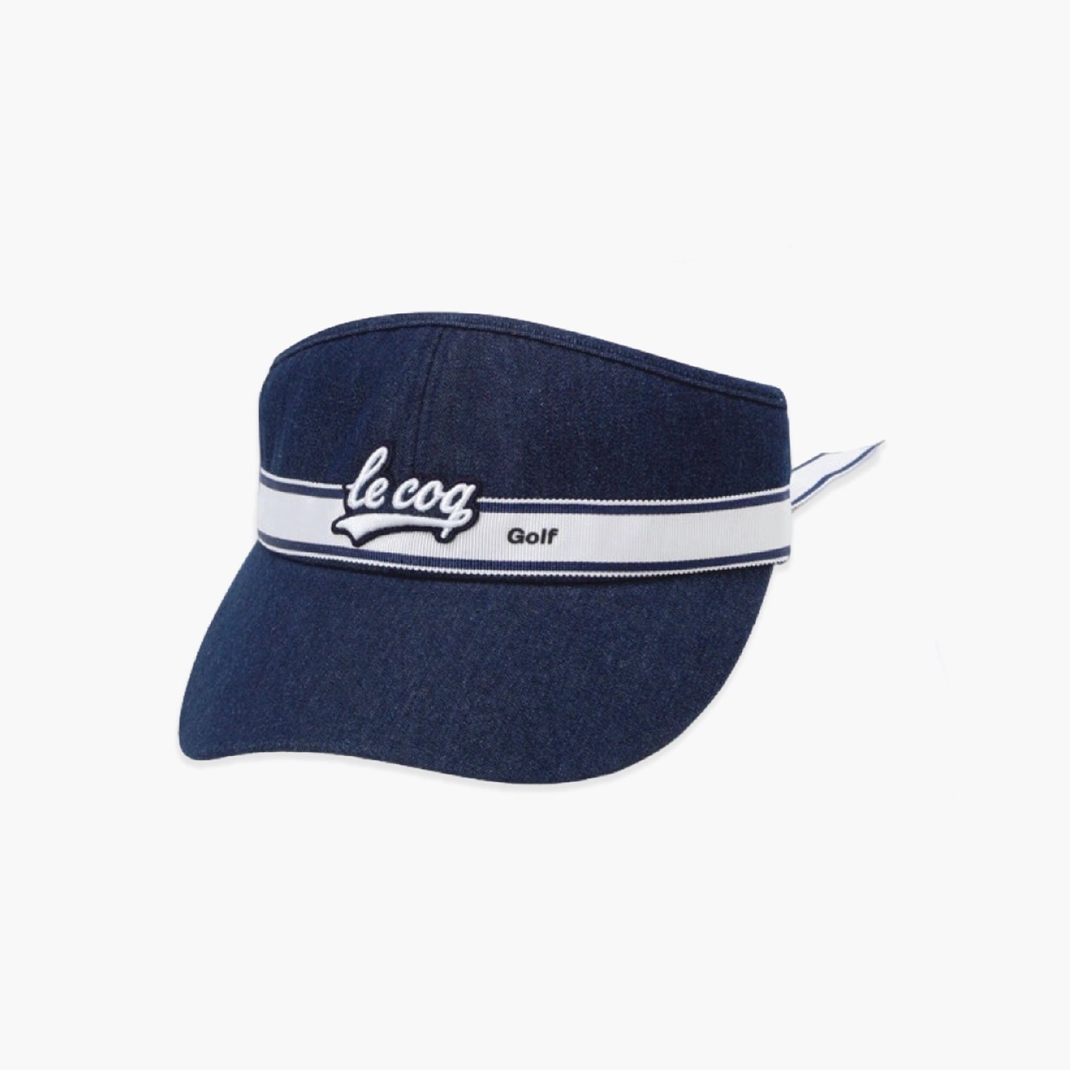 A navy blue denim visor hat featuring a white horizontal stripe across the front with the text 'le cog Golf' in black script and print.
