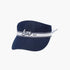 A navy blue denim visor hat featuring a white horizontal stripe across the front with the text &