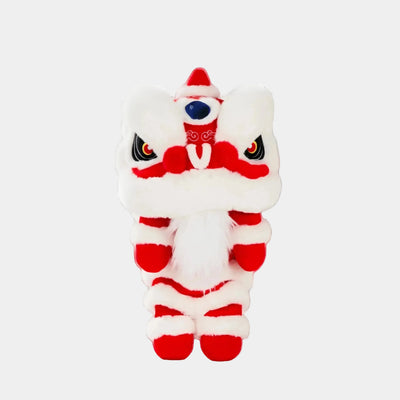 A white and red lion dance doll plush toy with embroidered eyes and a blue nose, centered on a plain white background.