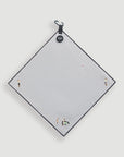 Gray magnetic golf towel with black border displayed diamond shape with magnetic clip and ball markers - Laclavi Golf