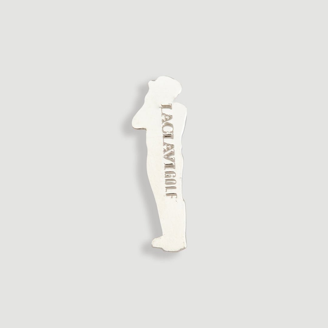 Back of gray enamel golfer figural marker showing Laclavi Golf branding on reverse side - Laclavi Golf