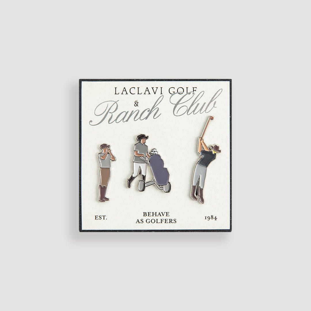 Gray enamel golfer figure marker set on Laclavi Golf Ranch Club branded display card behave as golfers - Laclavi Golf