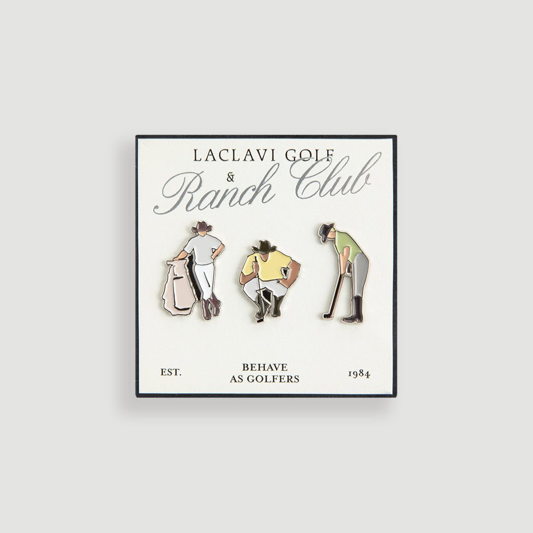 Cream enamel golfer figure marker set on Laclavi Golf Ranch Club branded display card behave as golfers - Laclavi Golf