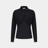 A black long-sleeve collared blouse with a draped, asymmetrical front overlay and subtle vertical ribbing, shown on a light gray background.