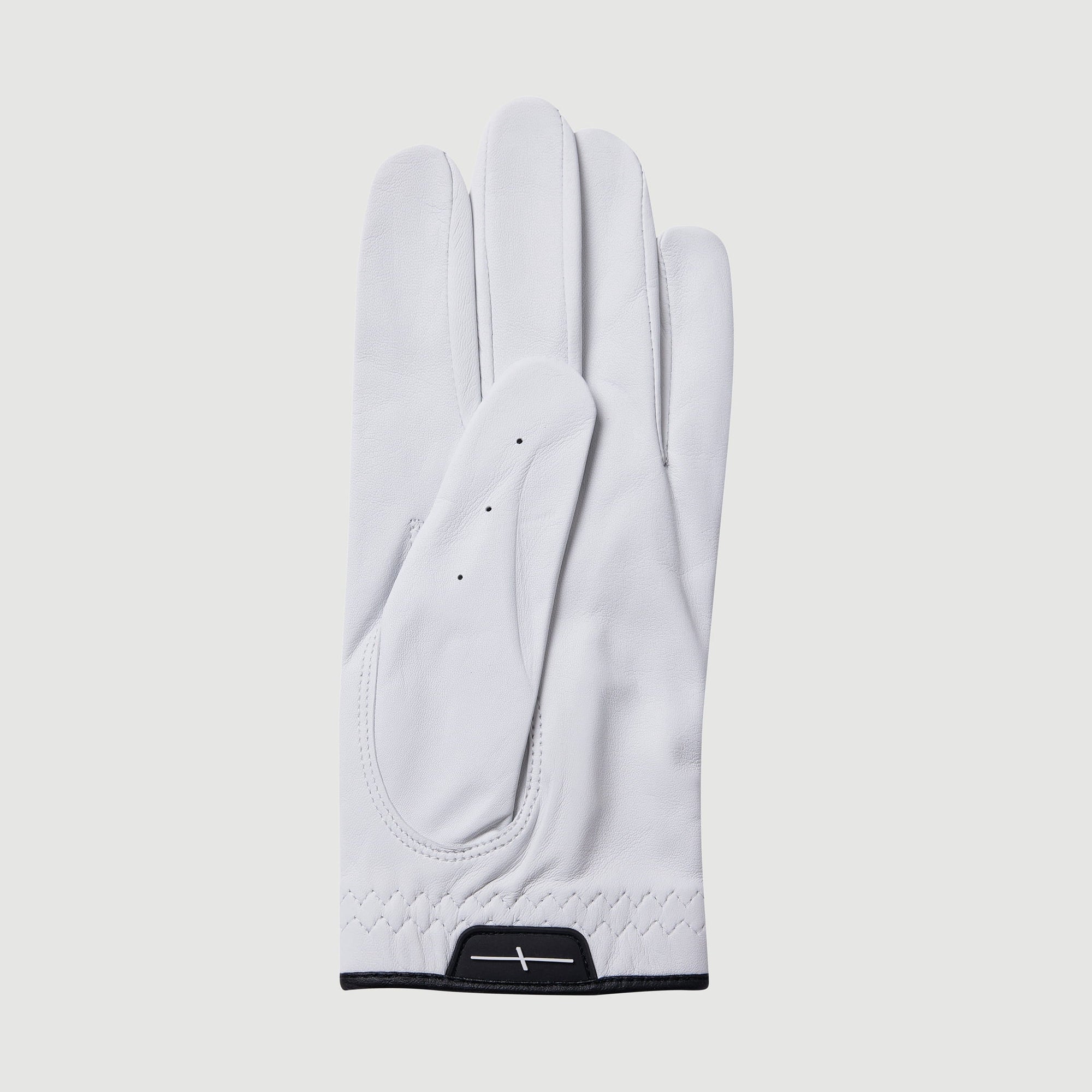 Men's white cabretta elite golf glove back view with black trim and Laclavi logo wrist detail - Laclavi Golf