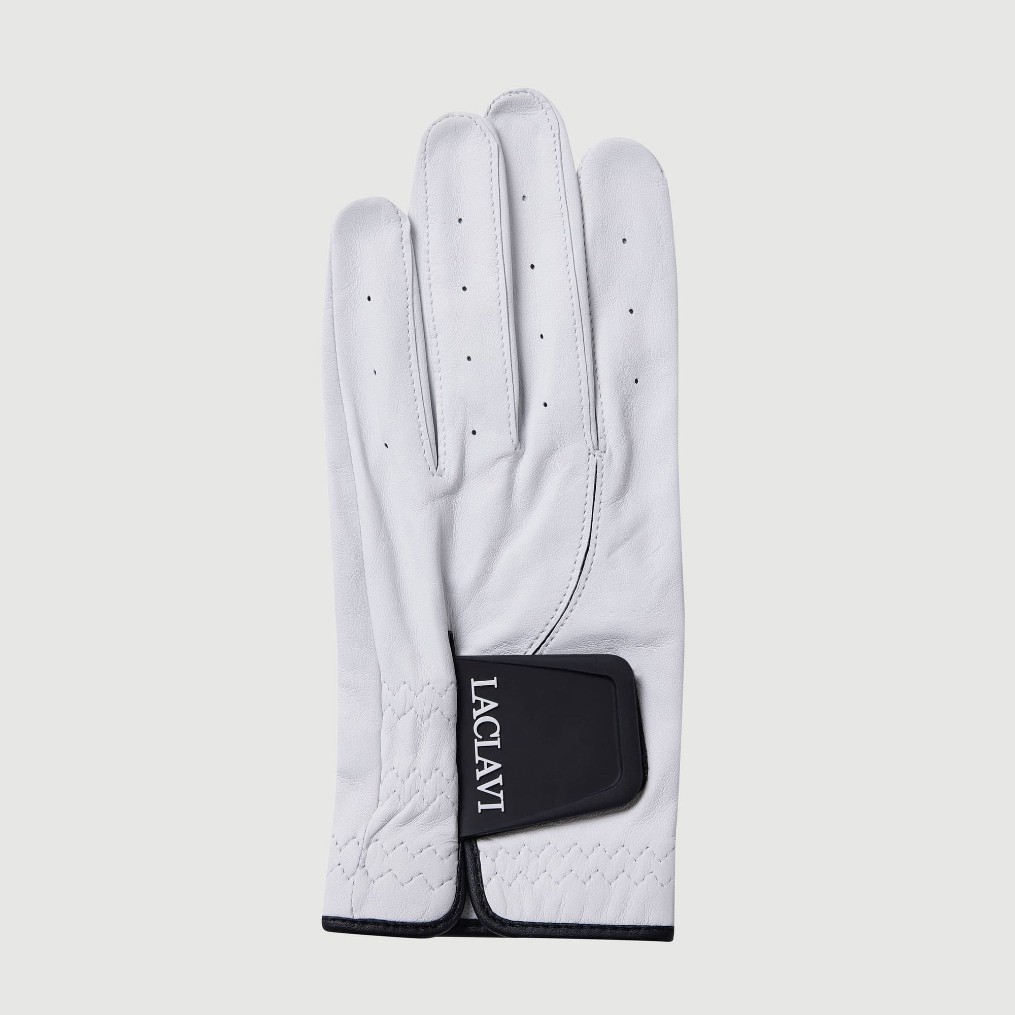 Men's white cabretta elite golf glove with black Laclavi wrist strap and trim detail palm view - Laclavi Golf