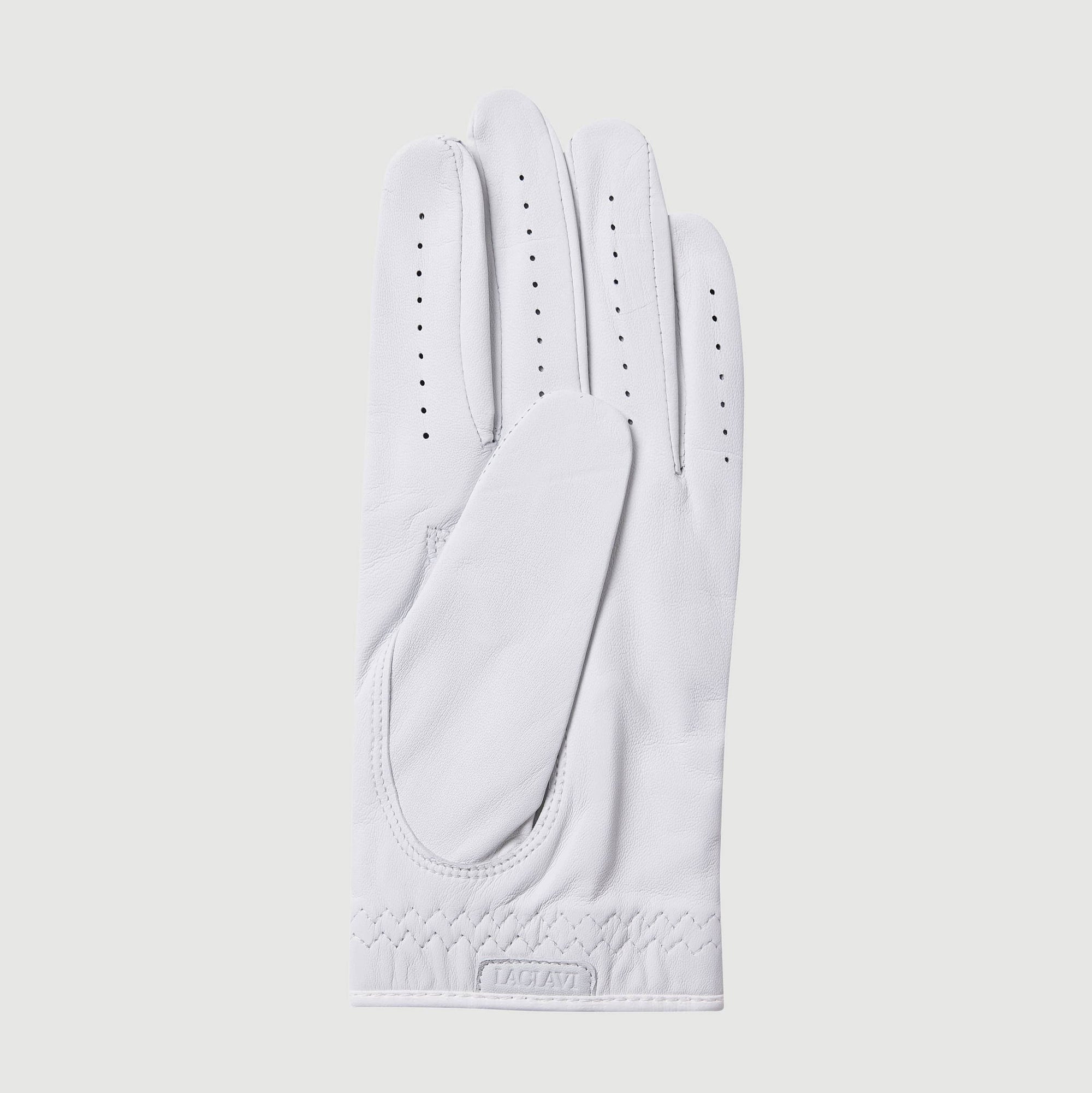 Men's white cabretta leather tour golf glove back view with perforated texture and branded wrist strap - Laclavi Golf