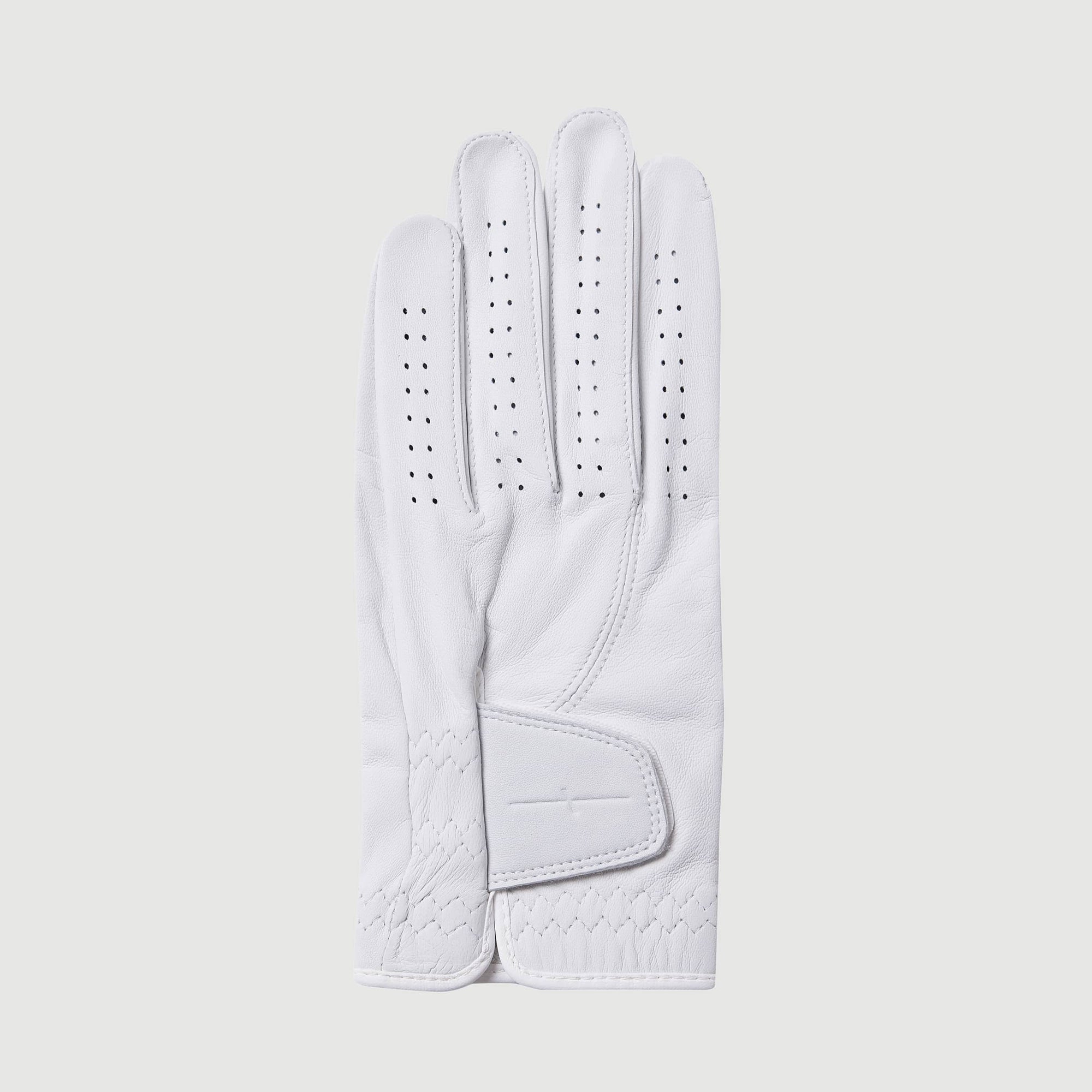 Men's white cabretta leather tour golf glove with perforated fingers and velcro wrist closure flat lay - Laclavi Golf