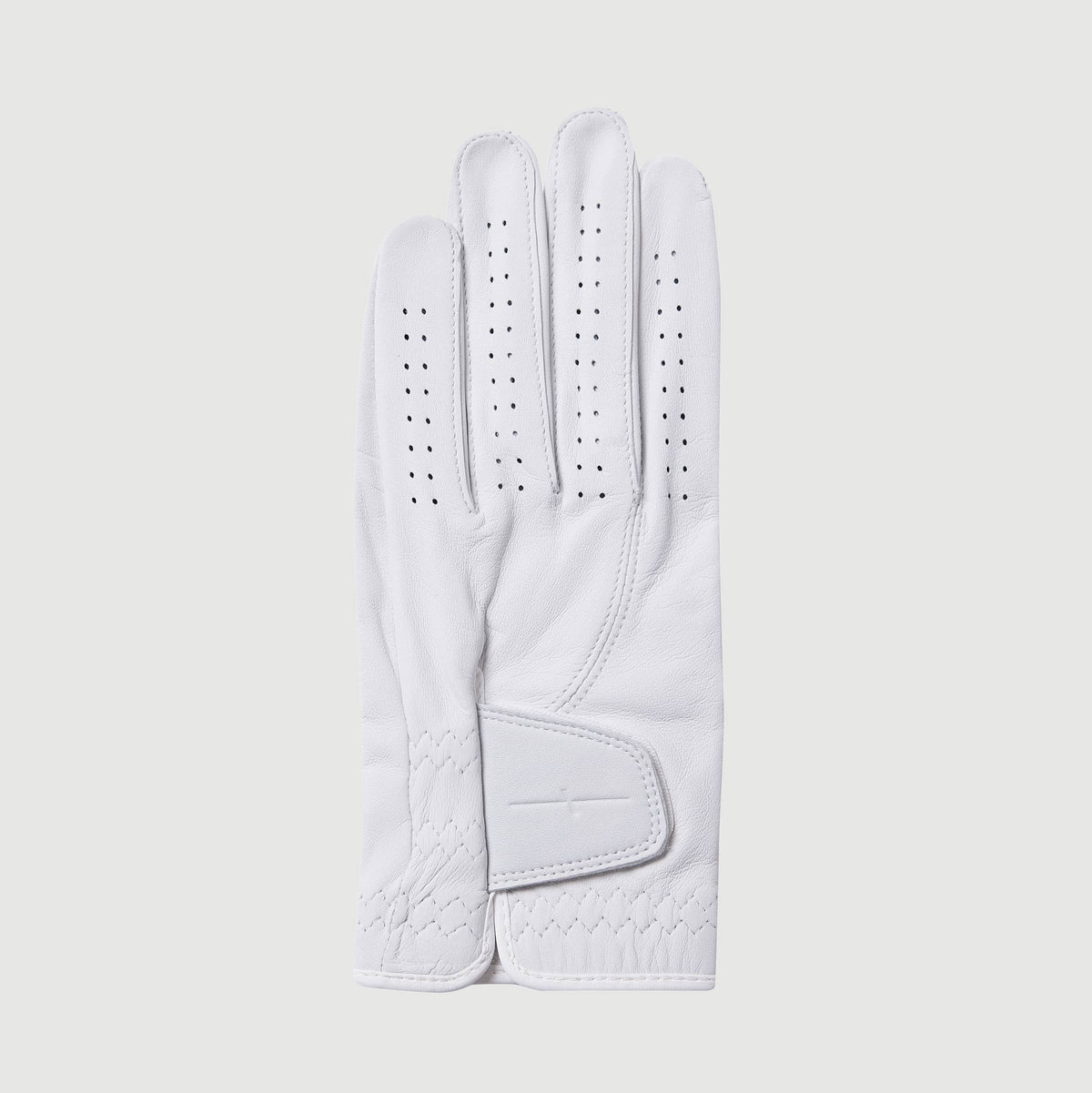 Men's white cabretta leather tour golf glove with perforated fingers and velcro wrist closure flat lay - Laclavi Golf